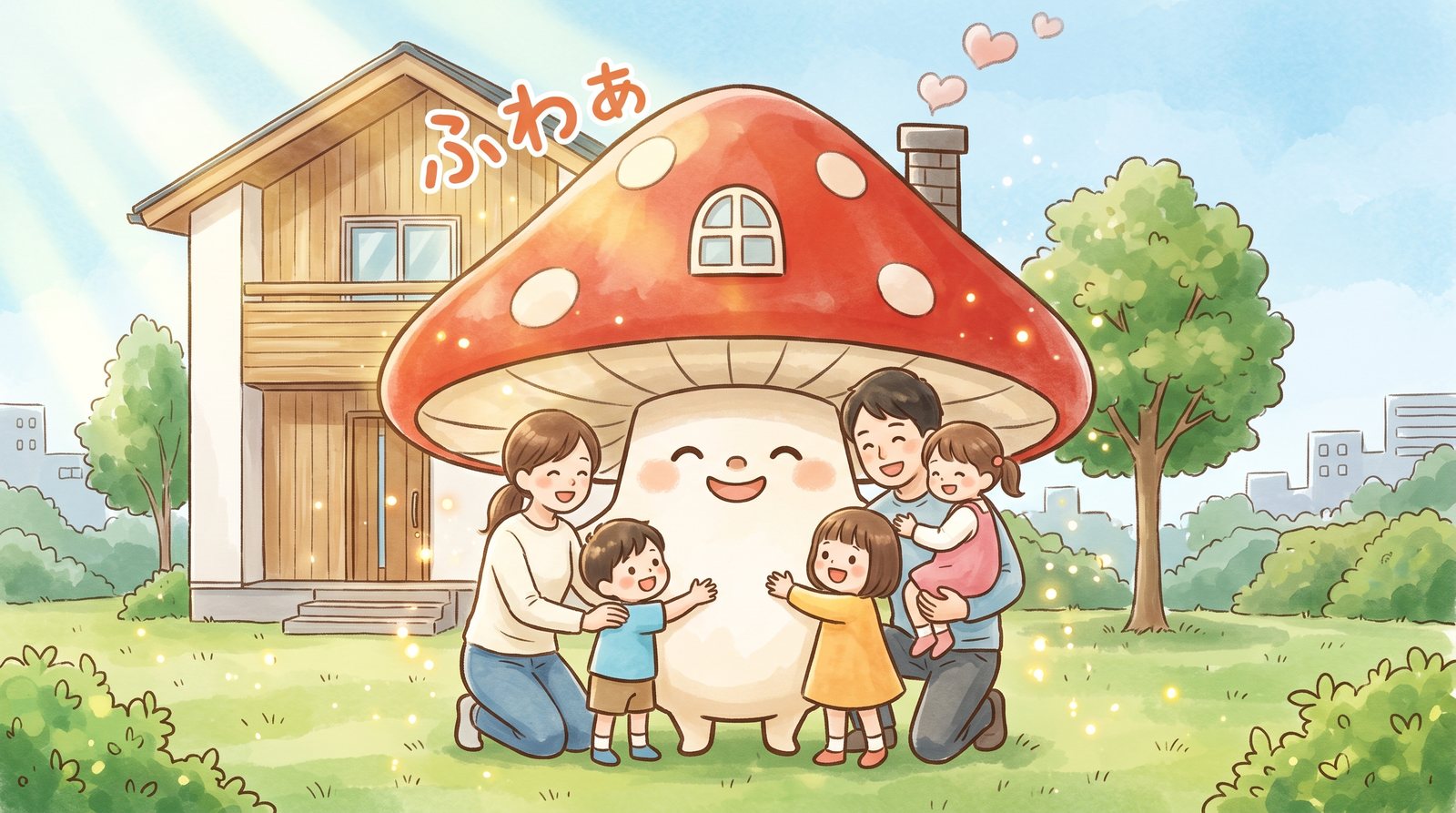 おおきく なった かさで、かぞく みんなを つつむ ユーキノコ