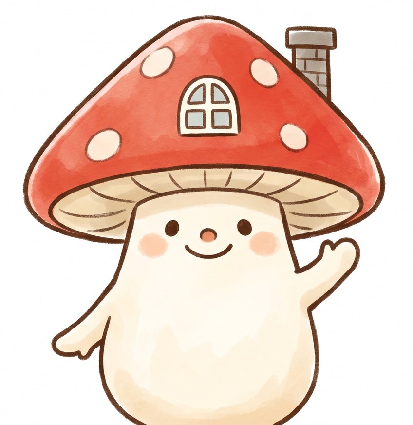 おうちの やねの かたちの あかい かさを かぶった きのこの キャラクター、ユーキノコ