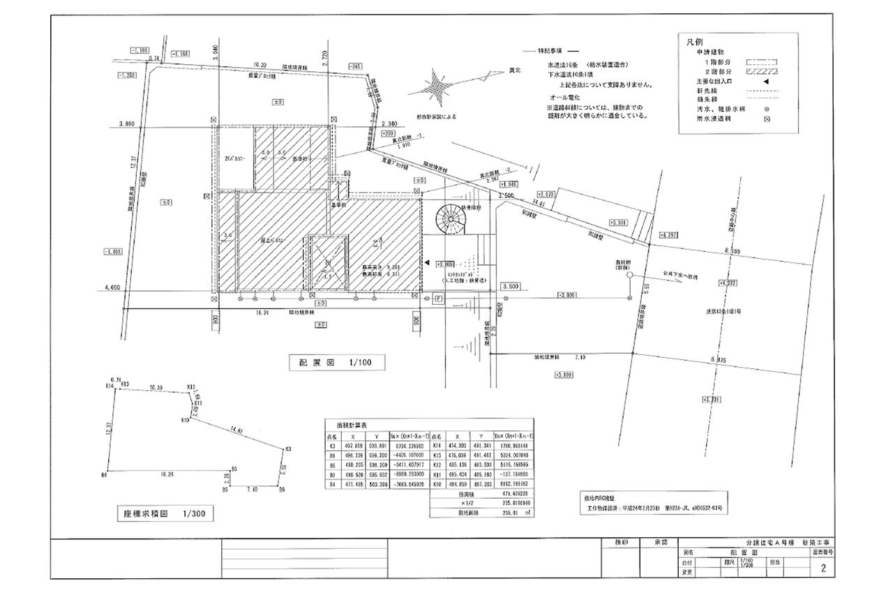敷地に対する建物の位置と向きを描いた配置図