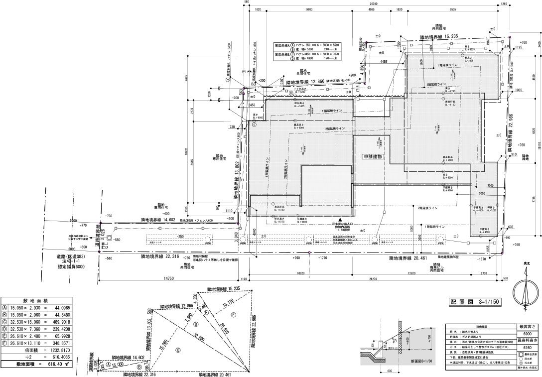 敷地に対する建物の位置を示した配置図です