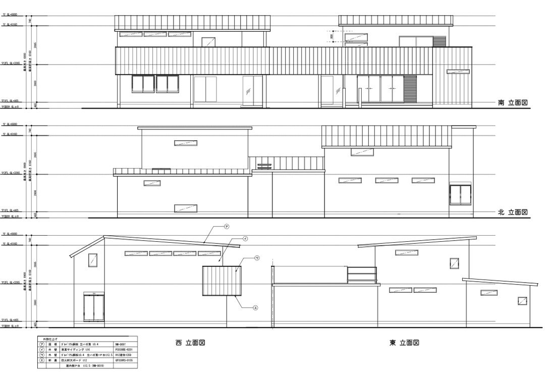 屋根の勾配と窓の並びを四方向から示した立面図
