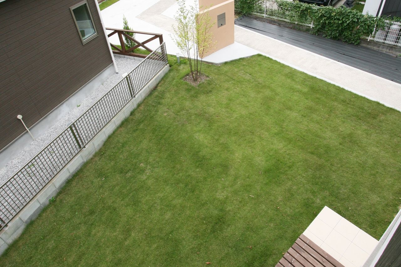 上から見下ろした芝生の庭、木を一本植えて足元にデッキ